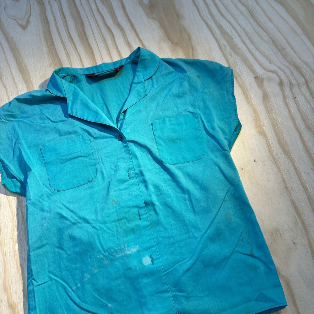 Corliss Juniors Womens Vintage Camp Collar Short Sleeve Button Down Shirt Teal M